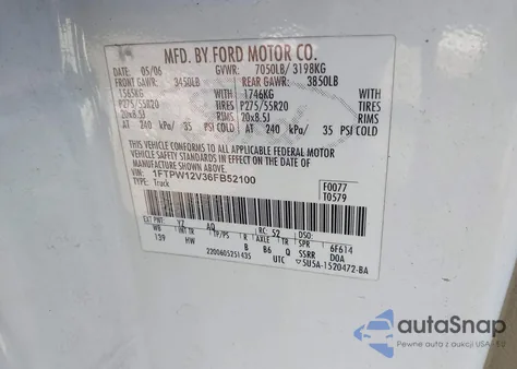 2006 Ford F-150 Lariat/Xlt z USA, uszkodzony, nr VIN 1FTPW12V36FB52100